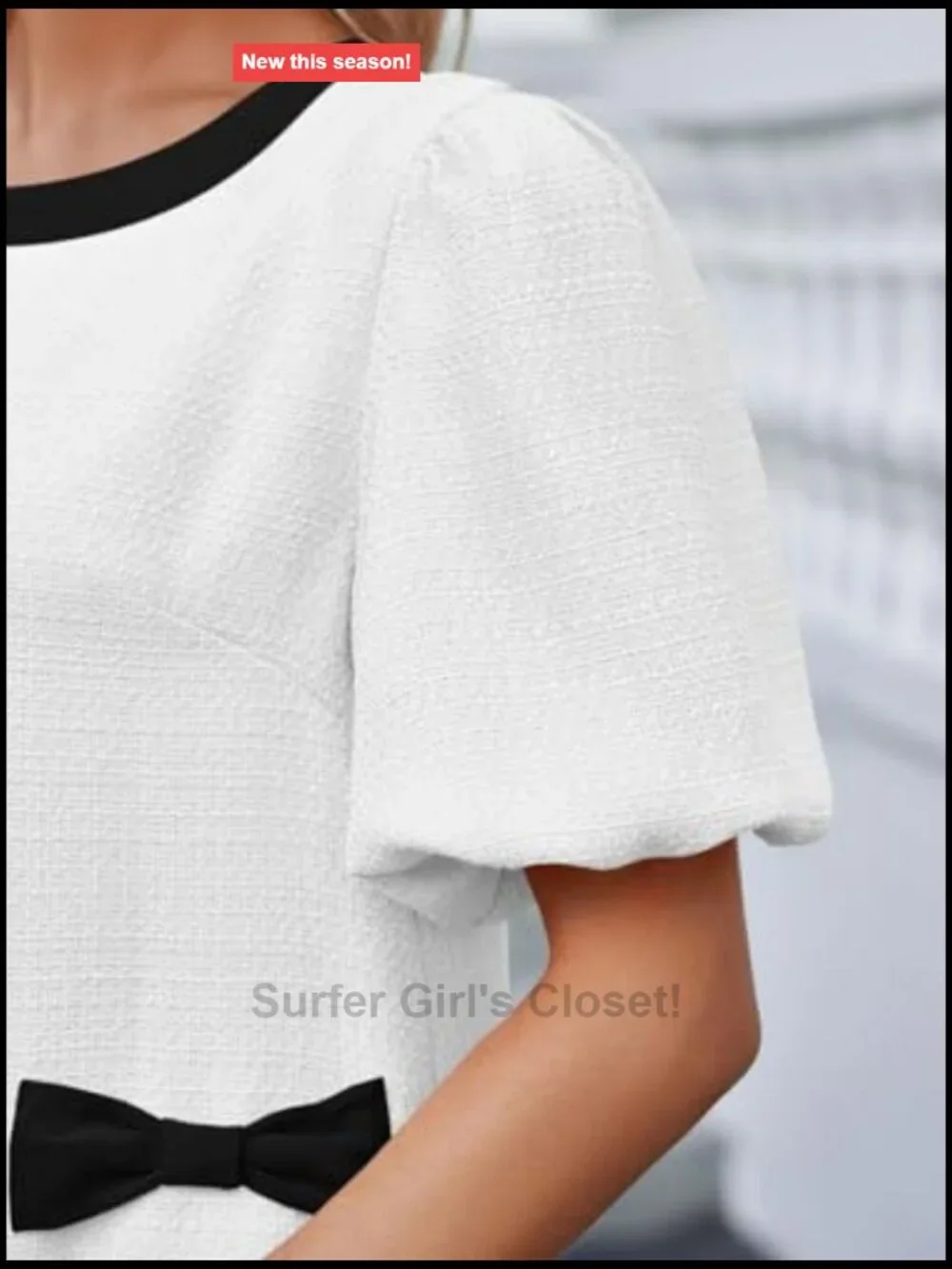 Women's Tweed Shift Mini Dress with Pockets Bow Puff Short Sleeve